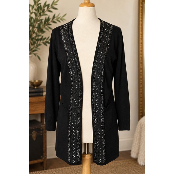 Pasha Sweaters - Black Rhinestone Embellished Open Front Cardigan Sweater M Glam Sparkle Party
